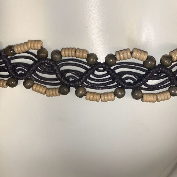 Vintage 00s y2k Woven Macramé Boho Brown Faux Leather Tie Rope Belt with Wooden - Picture 3 of 11